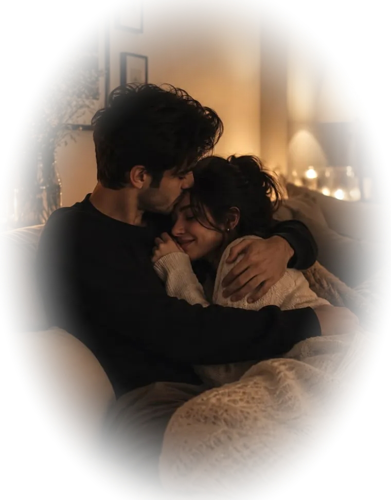 A couple embracing on a sofa